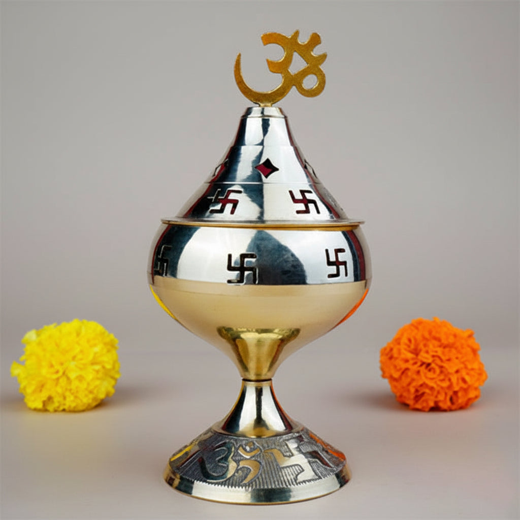 Brass OM Swastik Akhand Diya-Small-Gold Finish