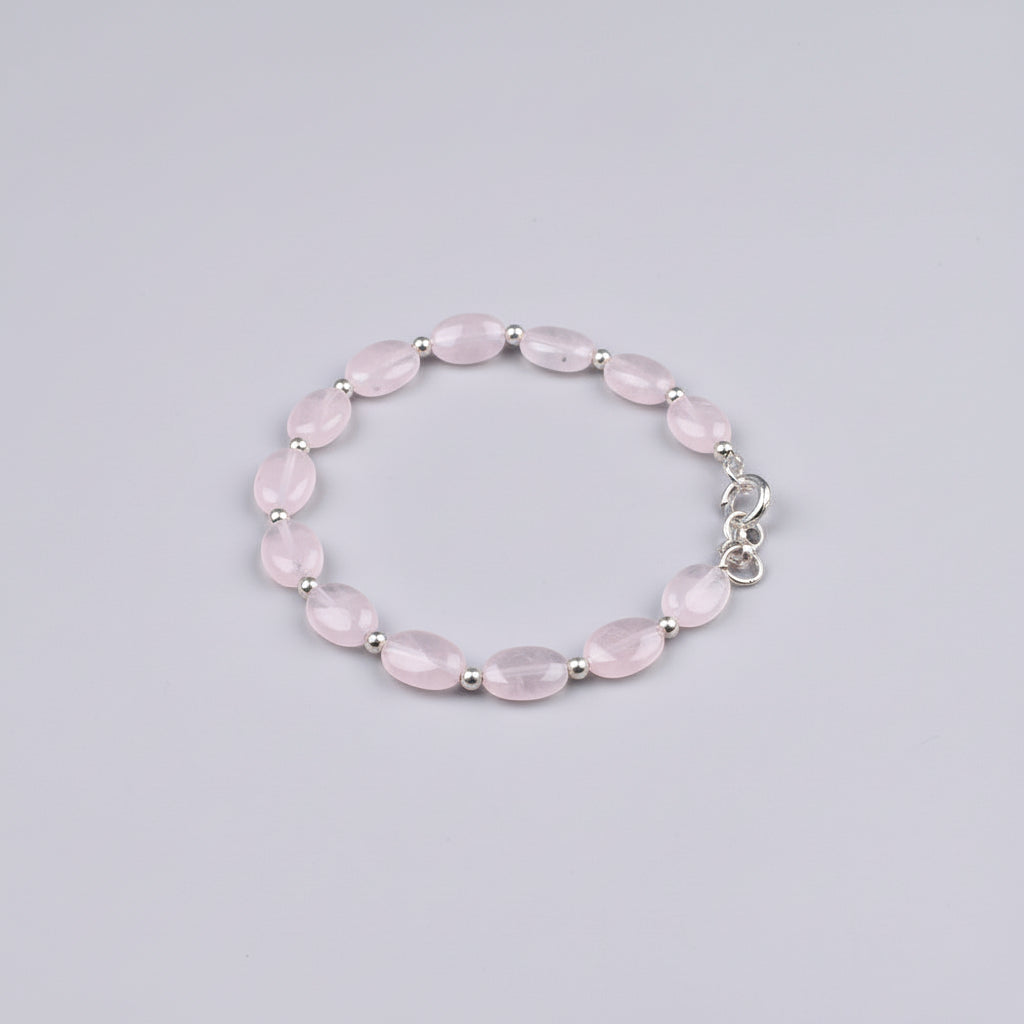 Rose Quartz Flat Oval German Silver Balls Bracelet-8 mm