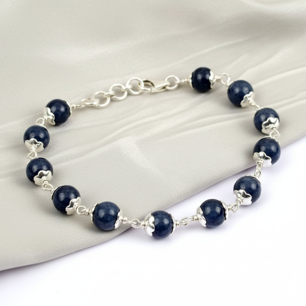 Round Blue Sapphire Bracelet with Flower Sterling Silver Capping