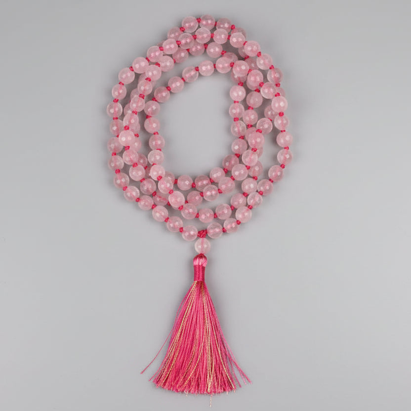 Rose Quartz Faceted Beads Knotted Mala-6 mm