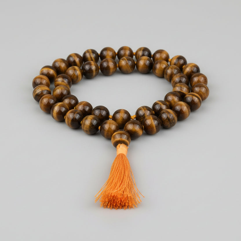 Tiger Eye Round Beads Mala With Knots-12 mm