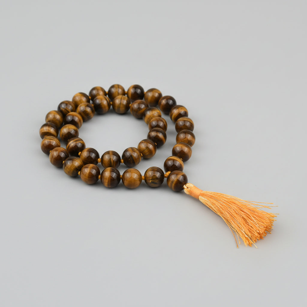 Tiger Eye Round Beads Mala With Knots-14 mm