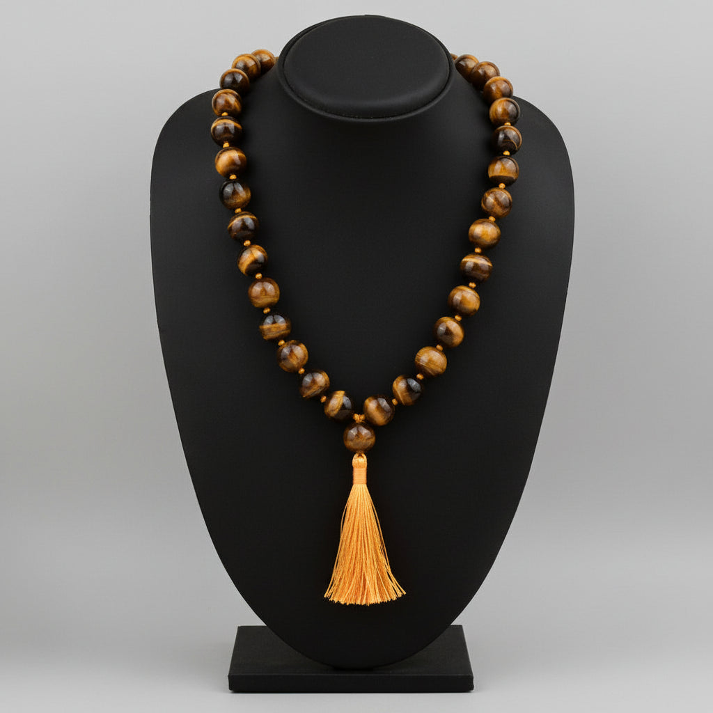 Tiger Eye Round Beads Mala With Knots-12 mm