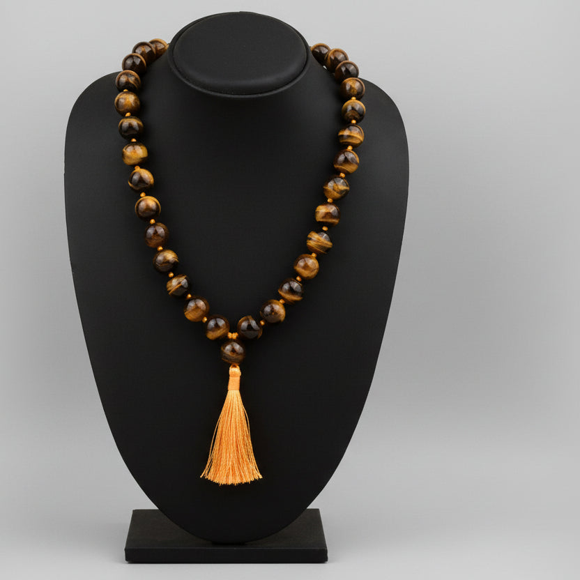 Tiger Eye Round Beads Mala With Knots-14 mm