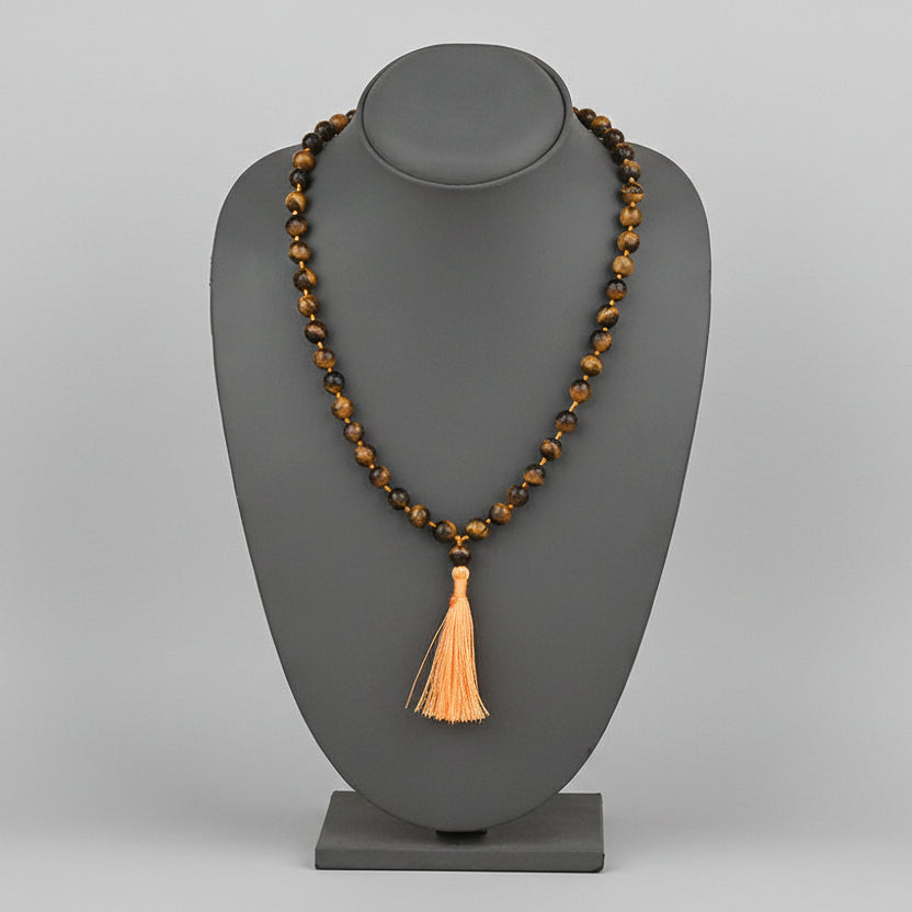 Tiger Eye Faceted Round Mala With Knots-10 mm