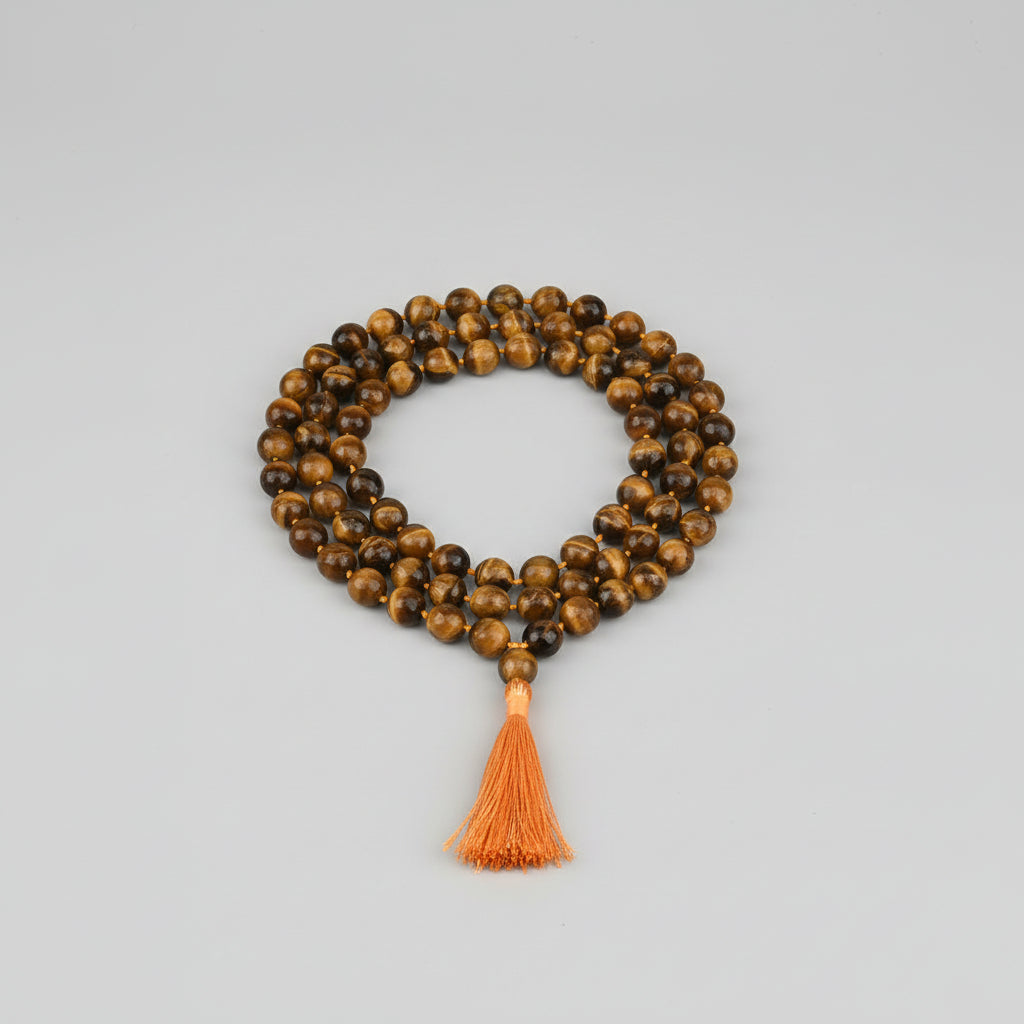 Tiger Eye Faceted Round Mala With Knots-6 mm