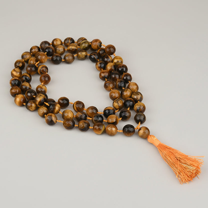 Tiger Eye Faceted Round Mala With Knots-8 mm