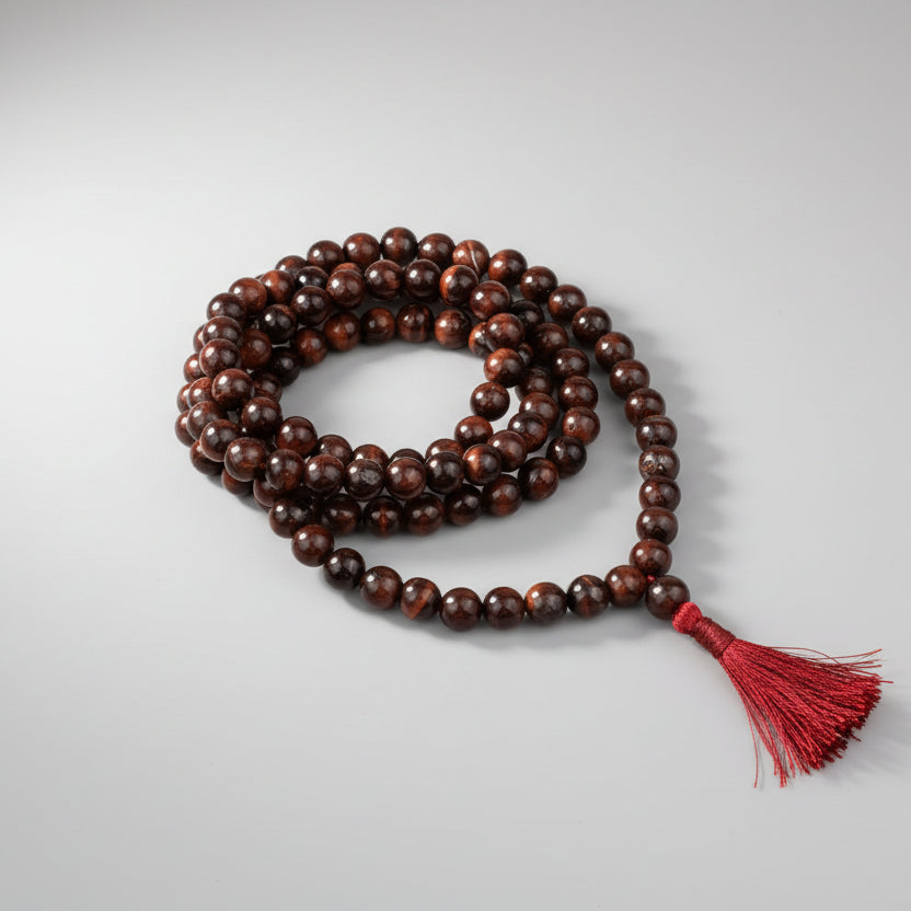 Red Tiger Eye Round Mala Without Knots-12 mm