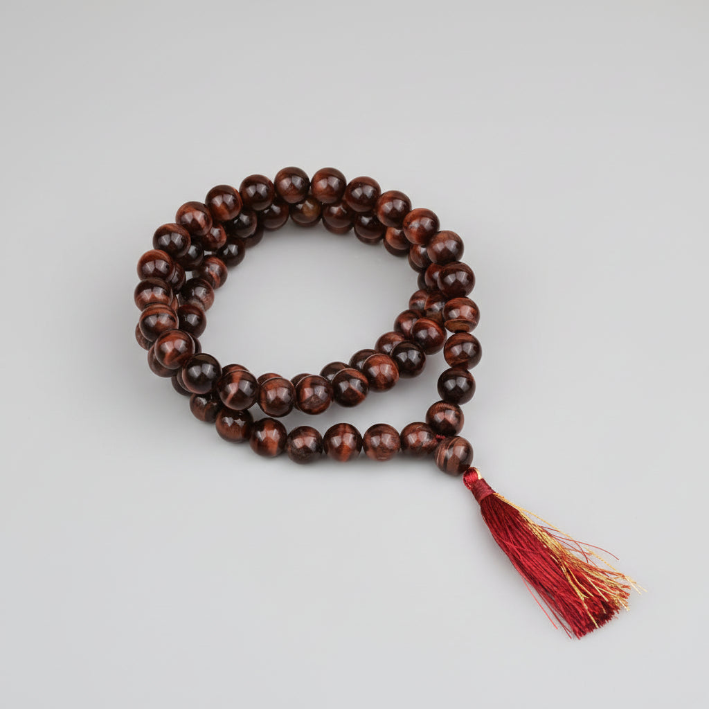 Red Tiger Eye Round Mala Without Knots-12 mm