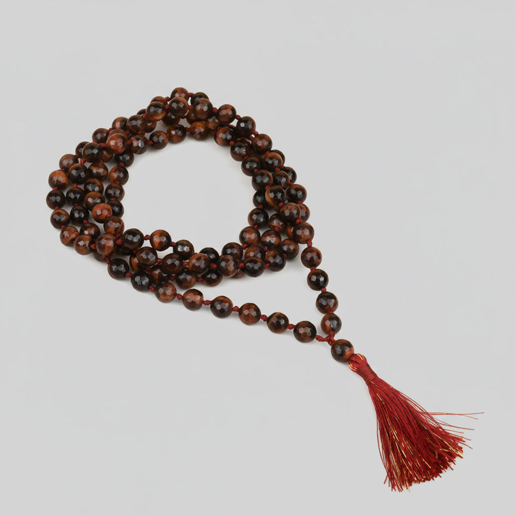 Red Tiger Eye Faceted Round Mala With Knots-8 mm