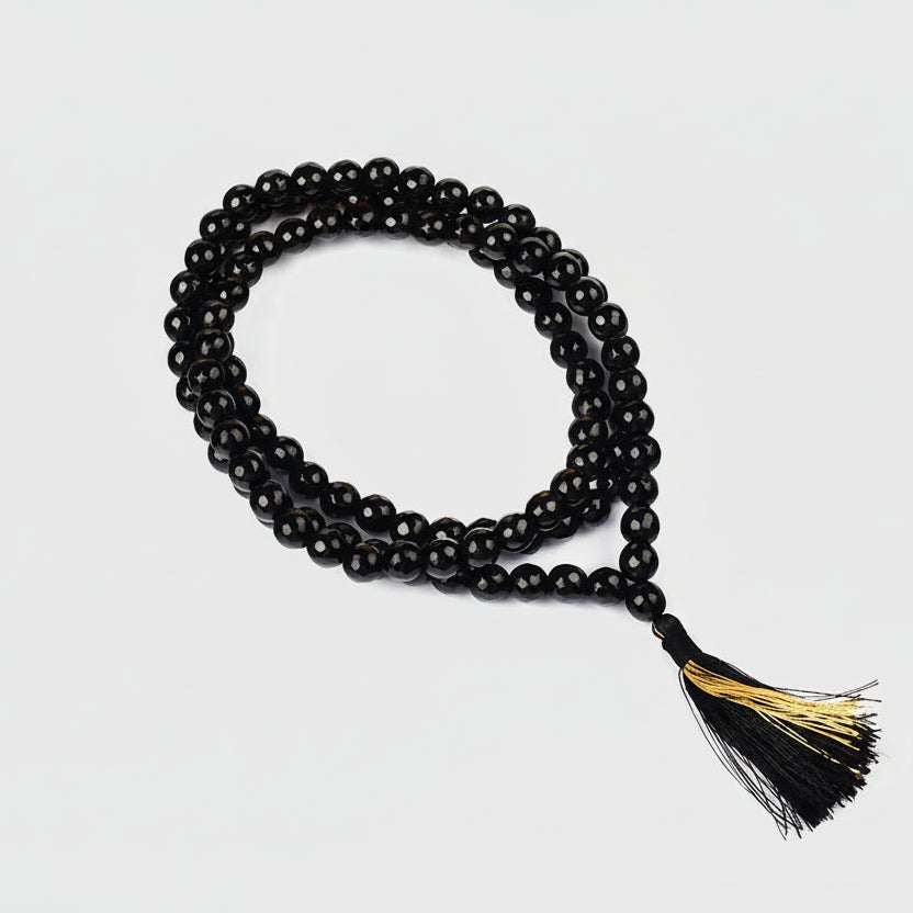 Black Agate Faceted Beads Mala-108+1 Beads (Size: 10 mm)