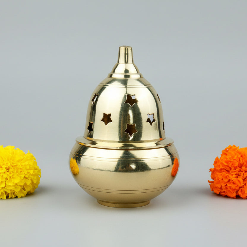 Brass Apple Shape Diya with Star Pattern Cover-Large-Gold Finish