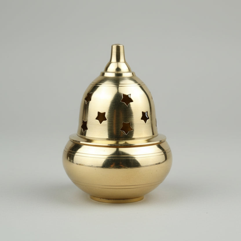 Brass Apple Shape Diya with Star Pattern Cover-Large-Gold Finish