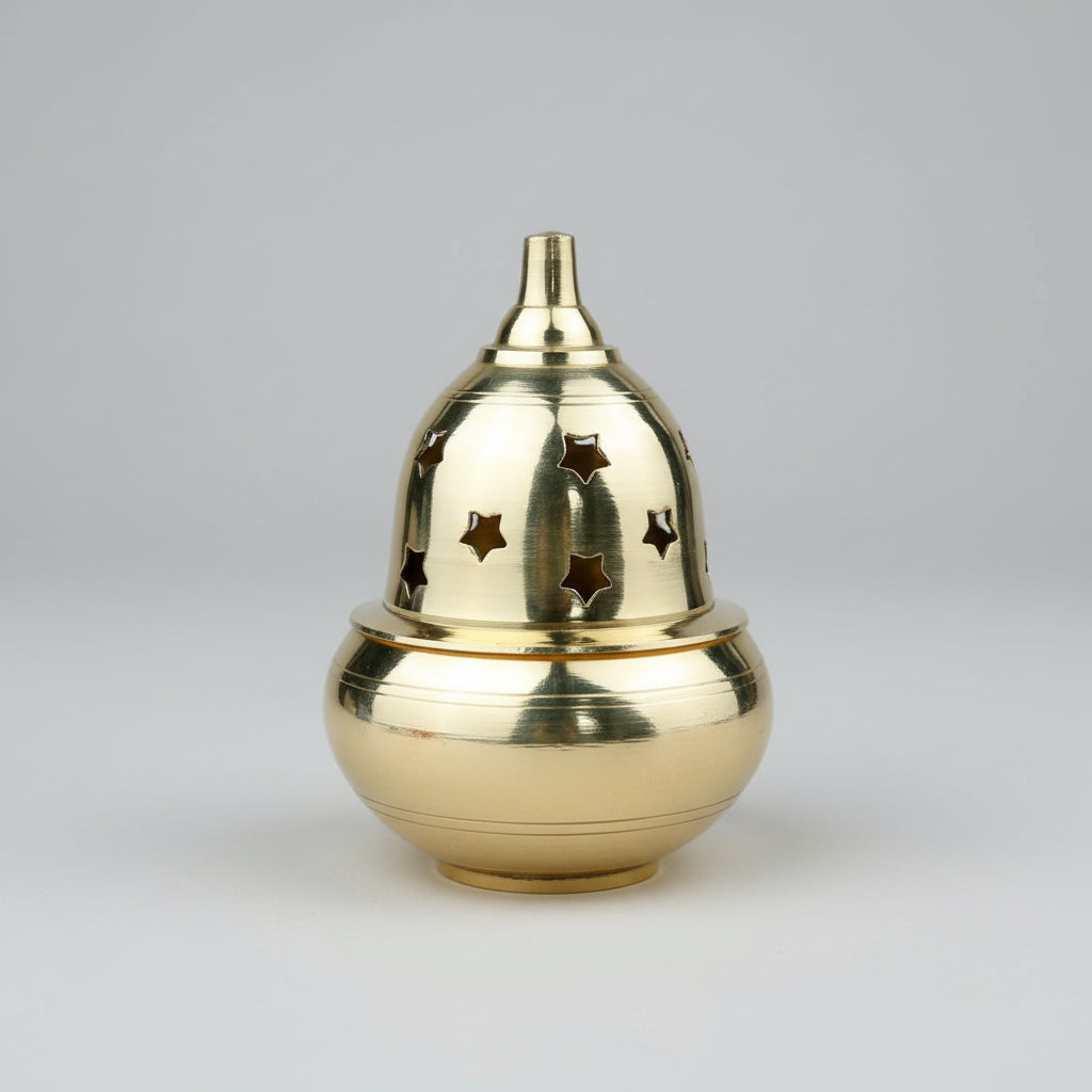 Brass Apple Shape Diya with Star Pattern Cover-Small-Gold Finish