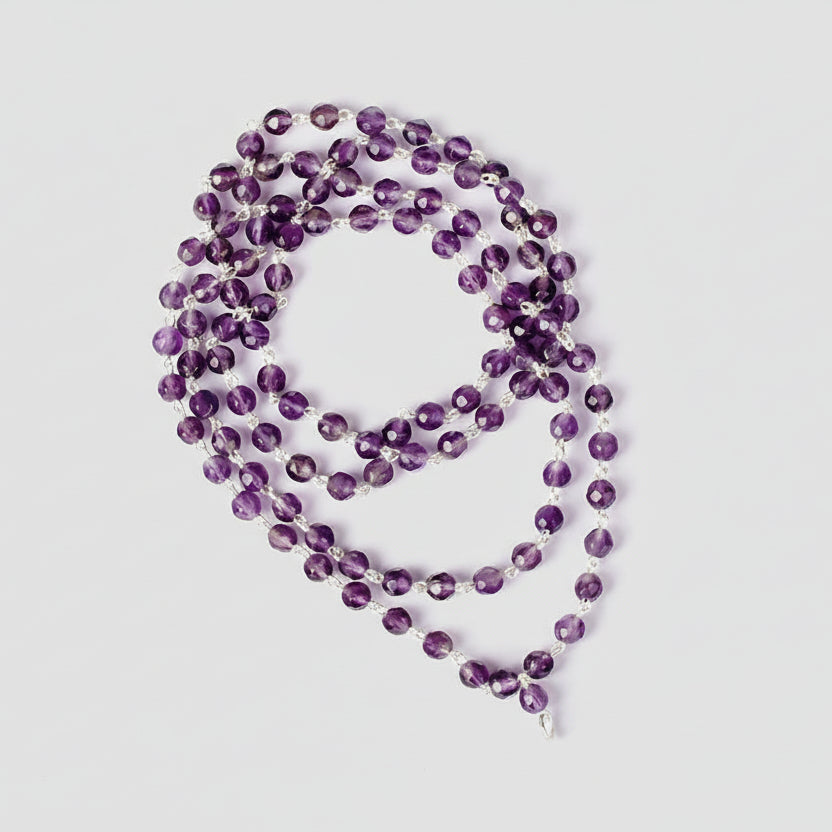 Amethyst Faceted Mala in Silver (4 mm)