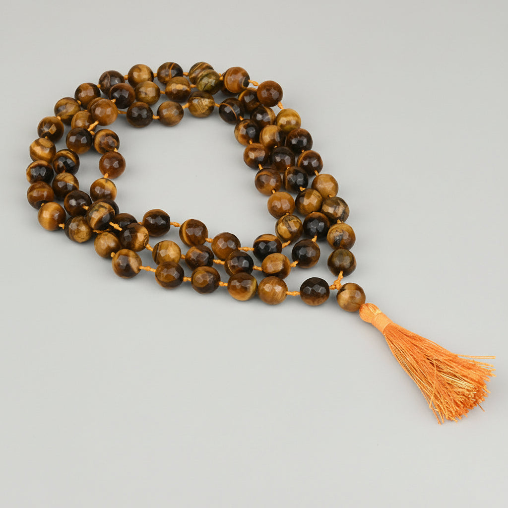 Tiger Eye Faceted Round Mala With Knots-10 mm