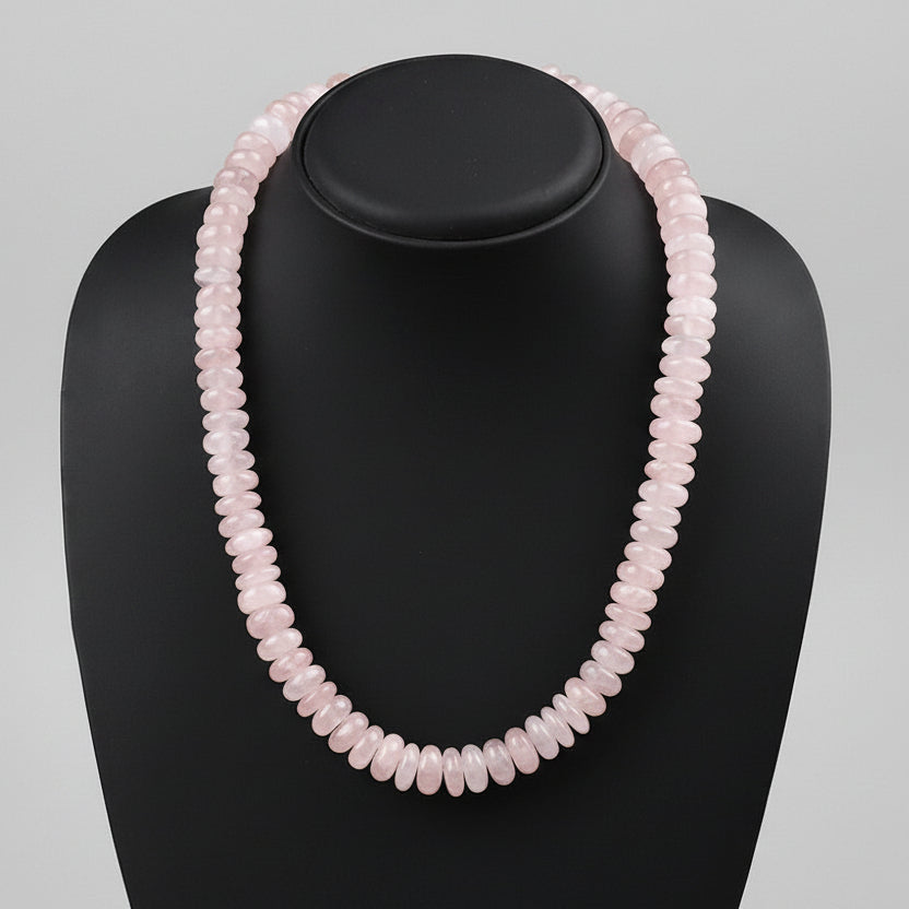 Rose Quartz Elliptical Beads Necklace-8 to 10 mm