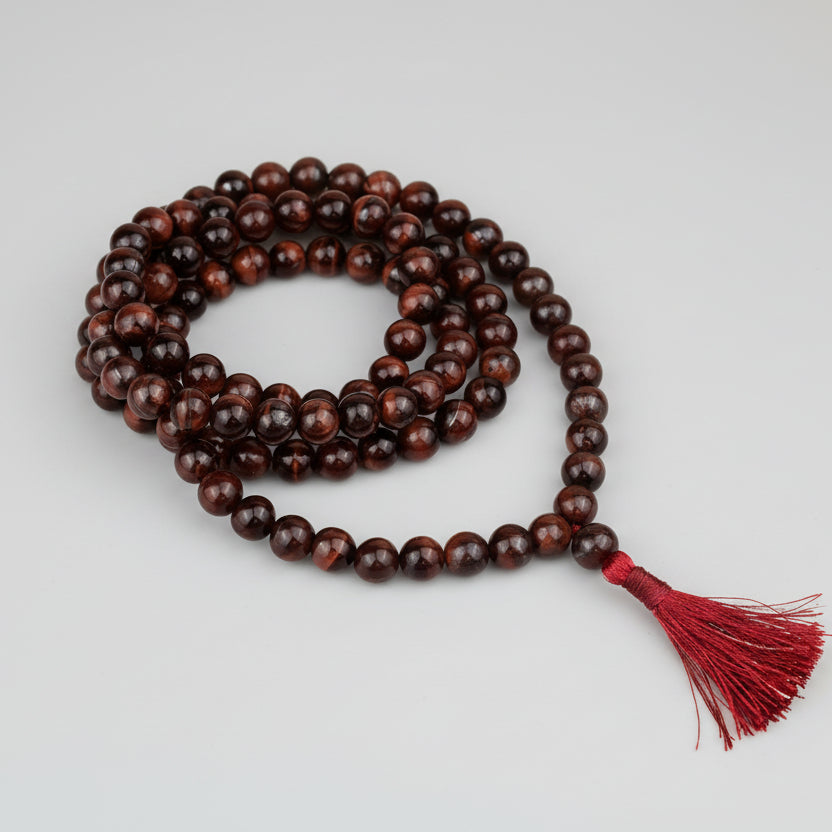 Red Tiger Eye Round Mala Without Knots-8 mm