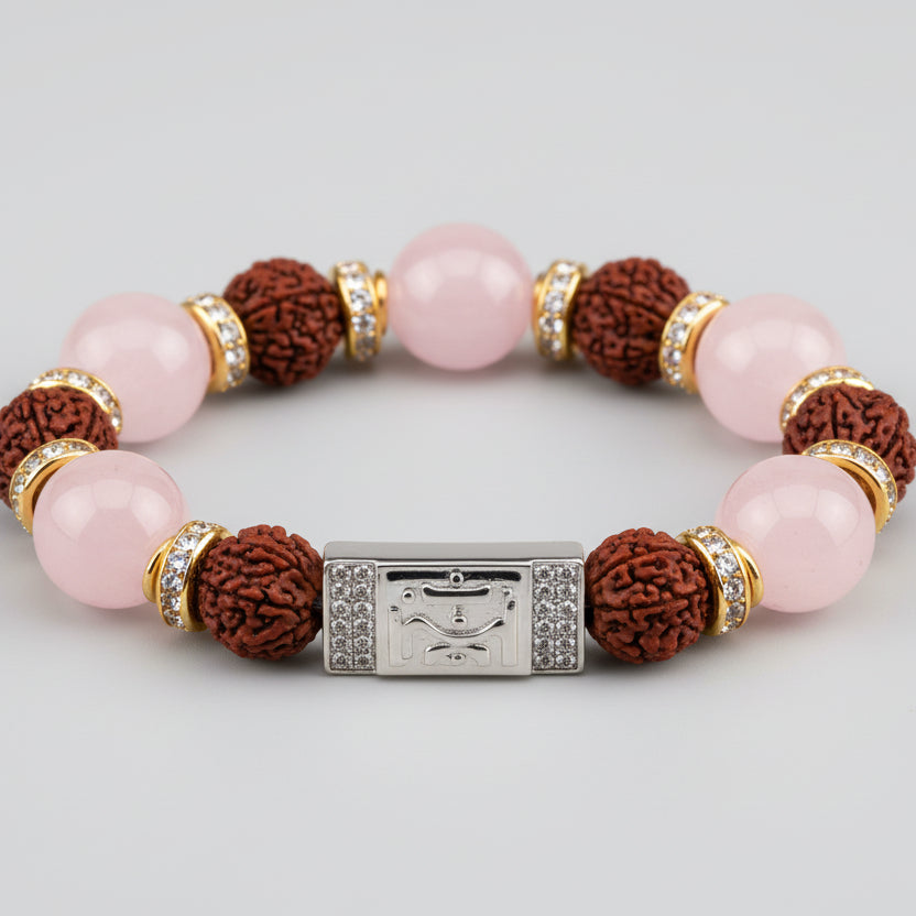 Rose Quartz with Buddha Bracelet (8 mm)-Elastic