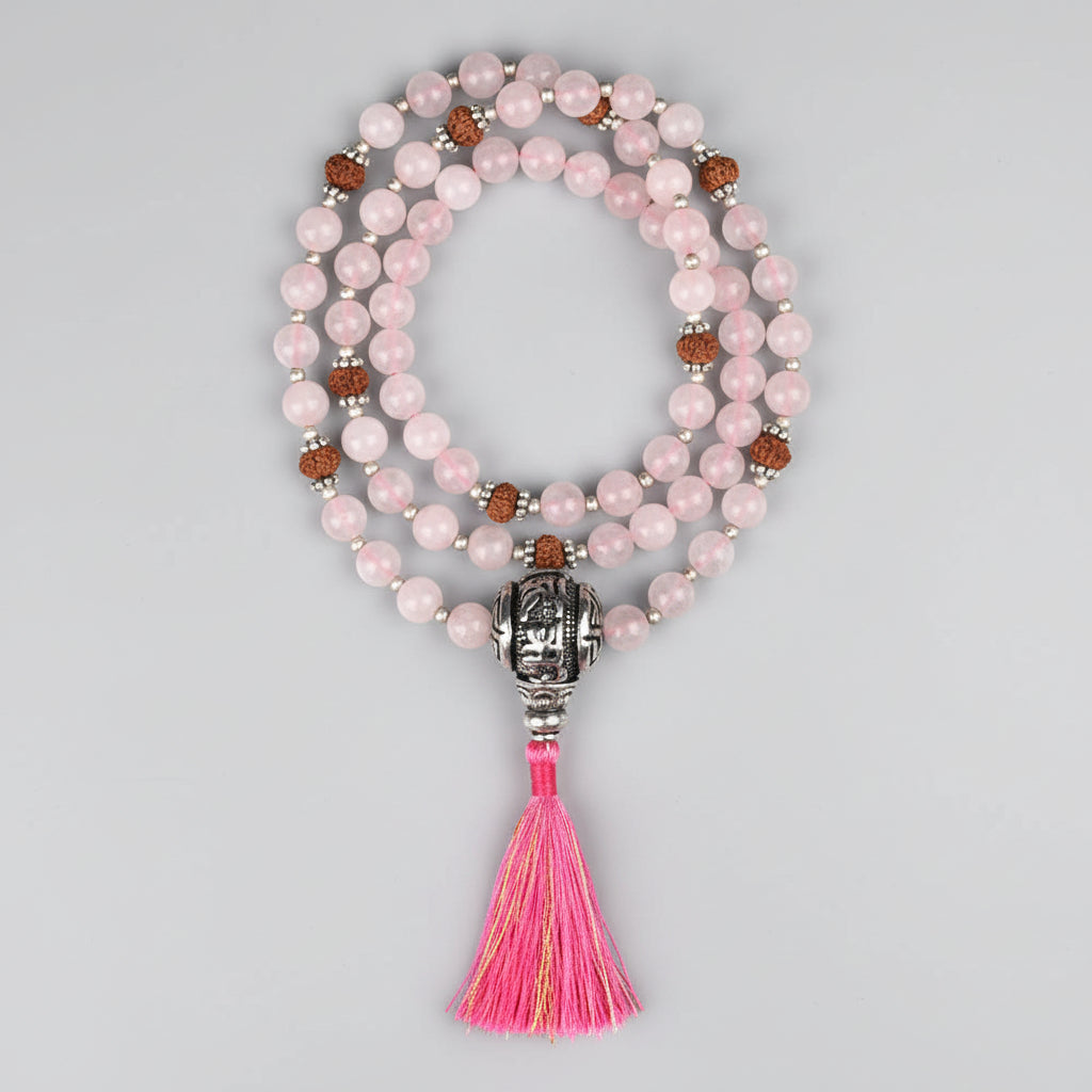 Rose Quartz & 7 Mukhi Rudraksha Mala