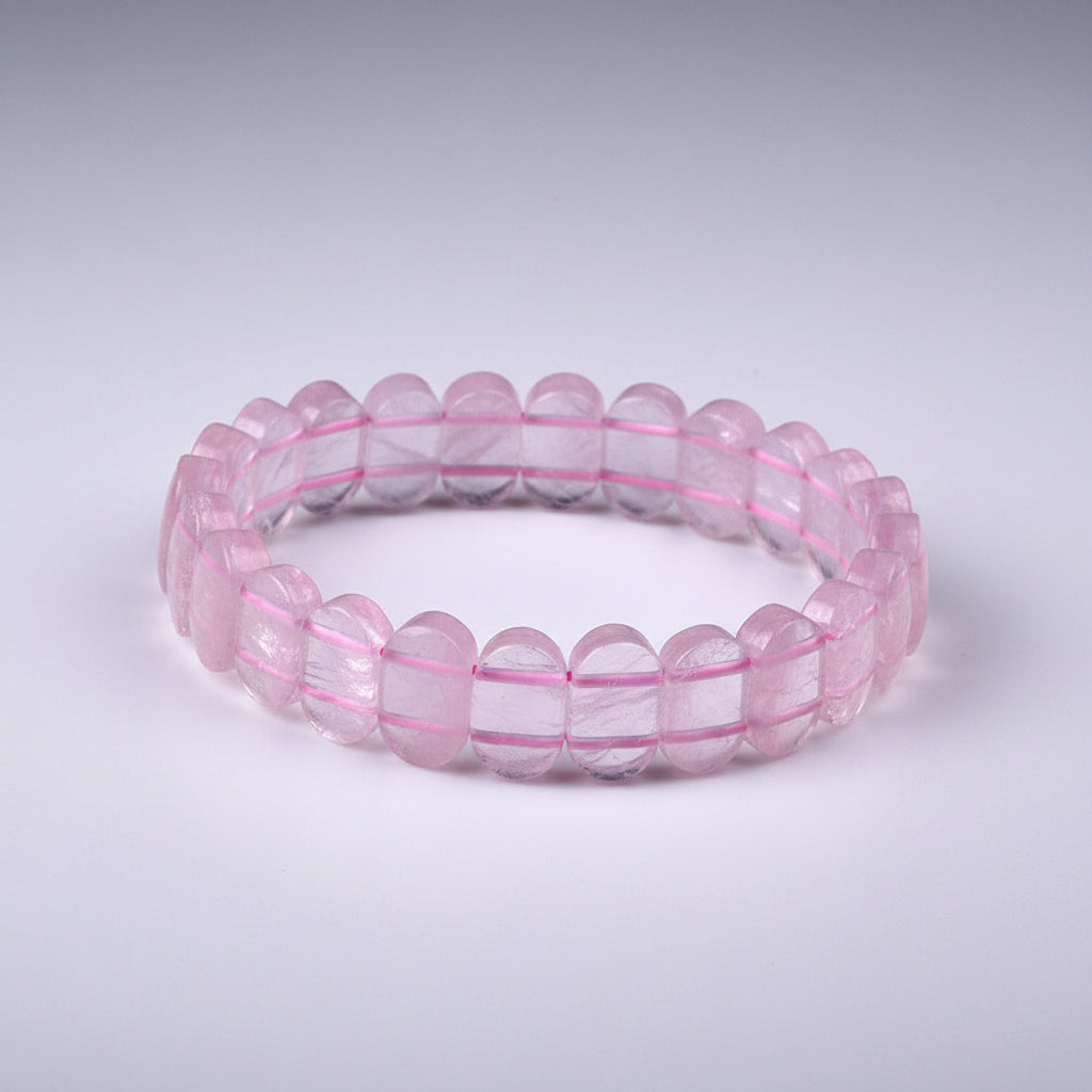 Rose Quartz Faceted Flat Oval Beads Elastic Bracelet