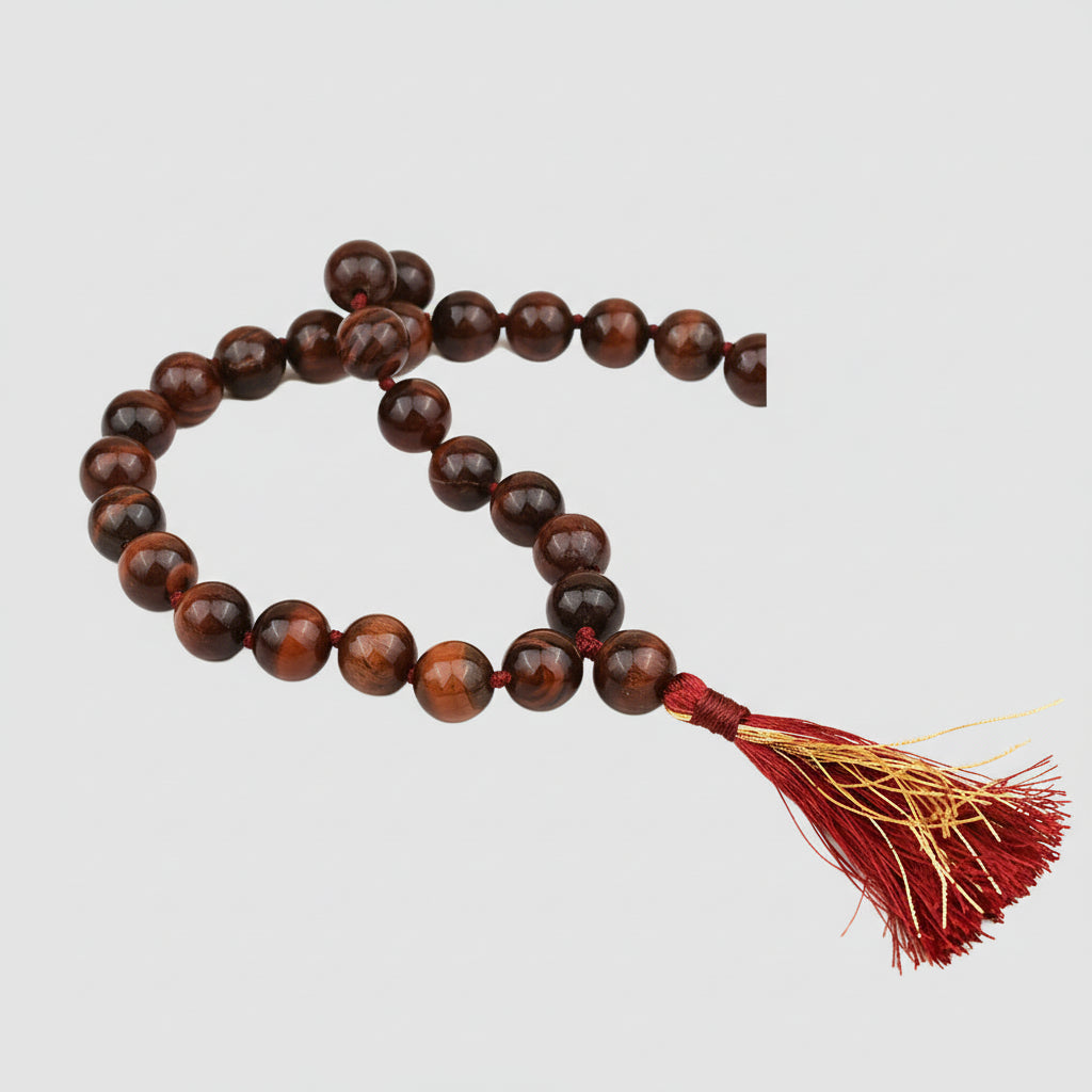 Red Tiger Eye Round Mala With Knots-10 mm