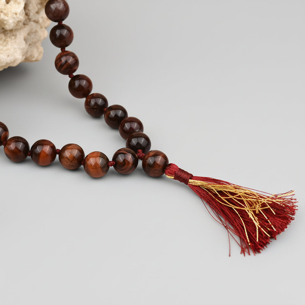 Red Tiger Eye Round Mala With Knots-12 mm