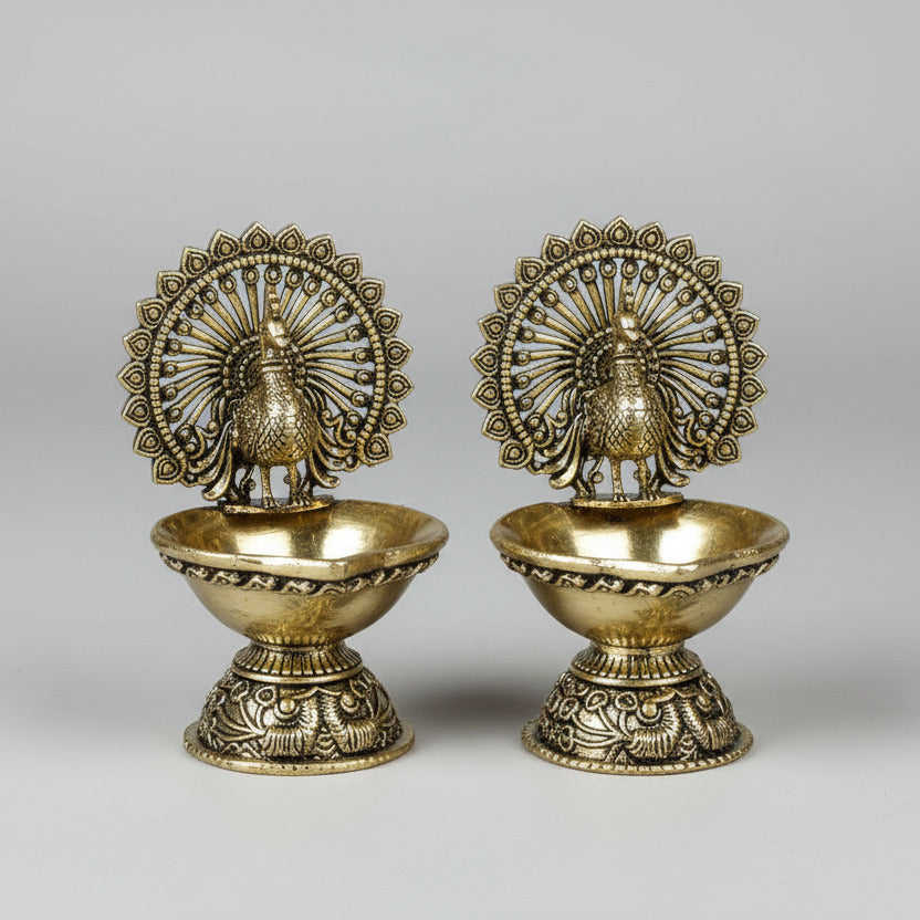 Ashtadhatu Peacock Diya Set Of 2