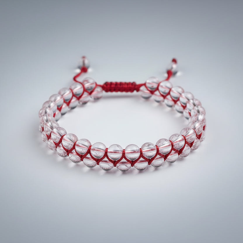 Round Sphatik Double Turn Bracelet-White Thread