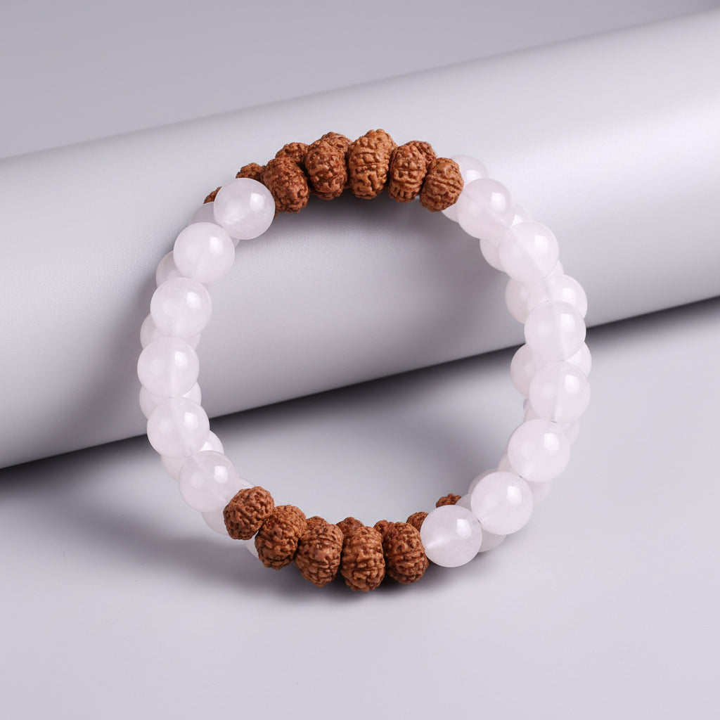 Rose Quartz & 7 Mukhi Rudraksha Spiral Stack Bracelet-8 mm