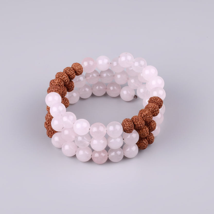 Rose Quartz & 7 Mukhi Rudraksha Spiral Stack Bracelet-6 mm