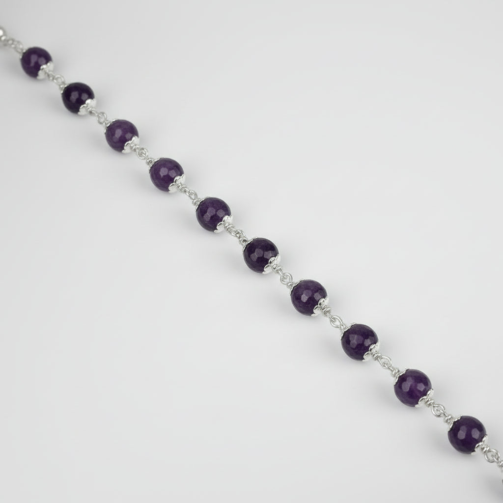 Amethyst Faceted Beads 925 Silver Flower Caps Bracelet-8 mm