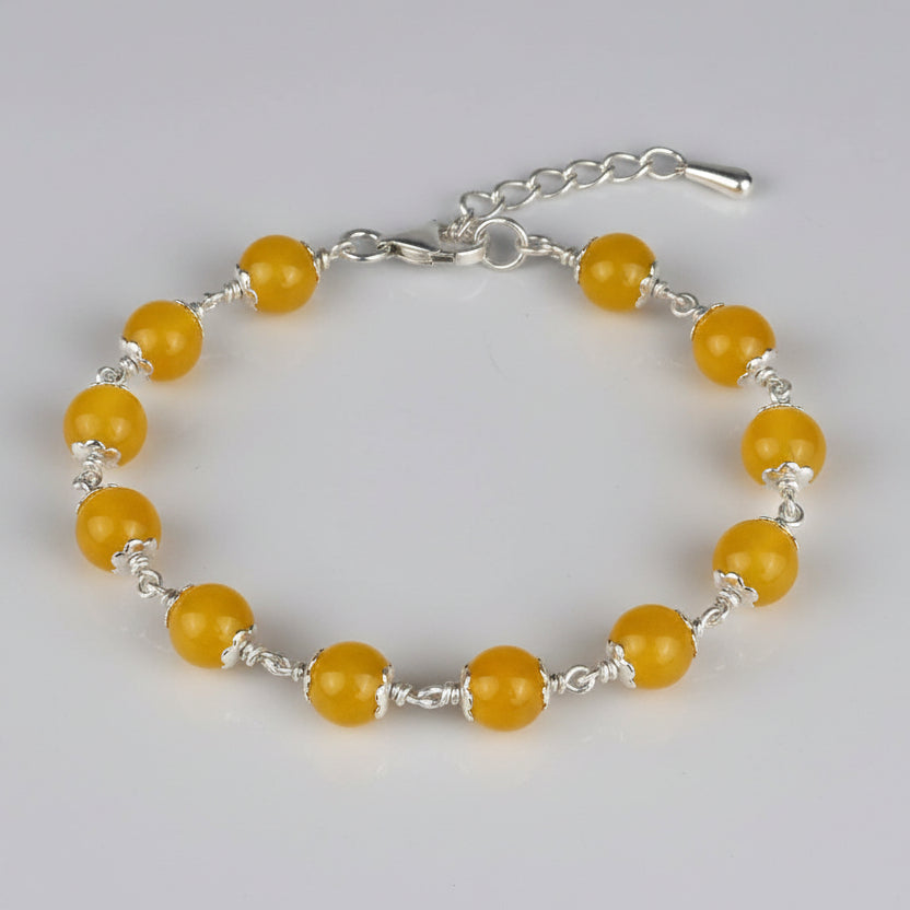 Yellow Agate Bracelet in Pure Silver Flower Caps