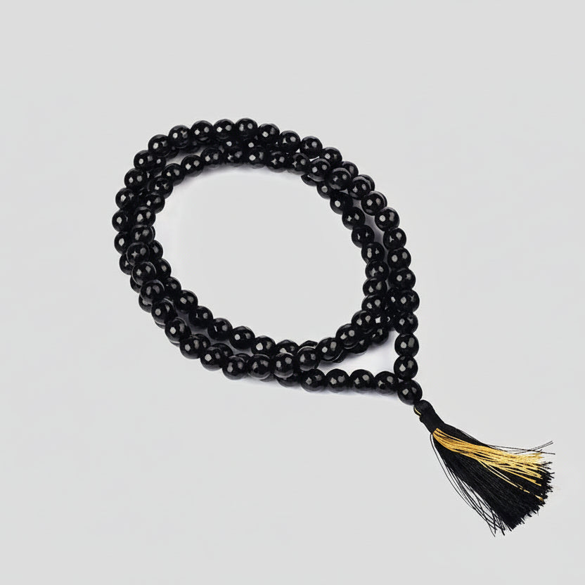 Black Agate Faceted Beads Mala-54+1 Beads (Size: 10 mm)