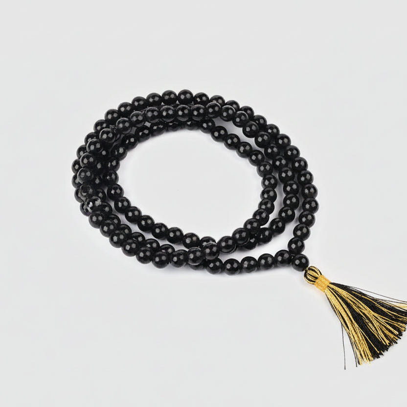 Black Agate Faceted Beads Mala-108+1 Beads (Size: 8 mm)