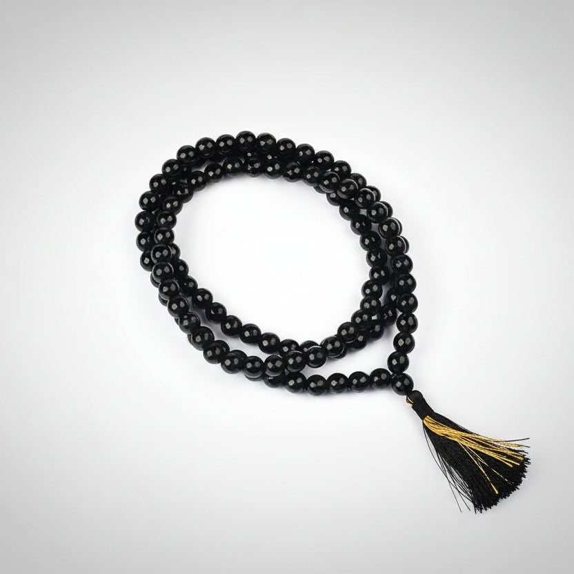 Black Agate Faceted Beads Mala-72+1 Beads (Size: 10 mm)
