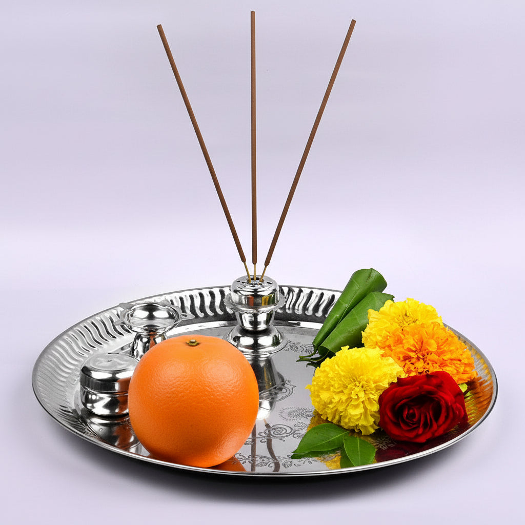 Steel Puja Thali with Agarbatti Stand Kankavati & Panch Batti Diya