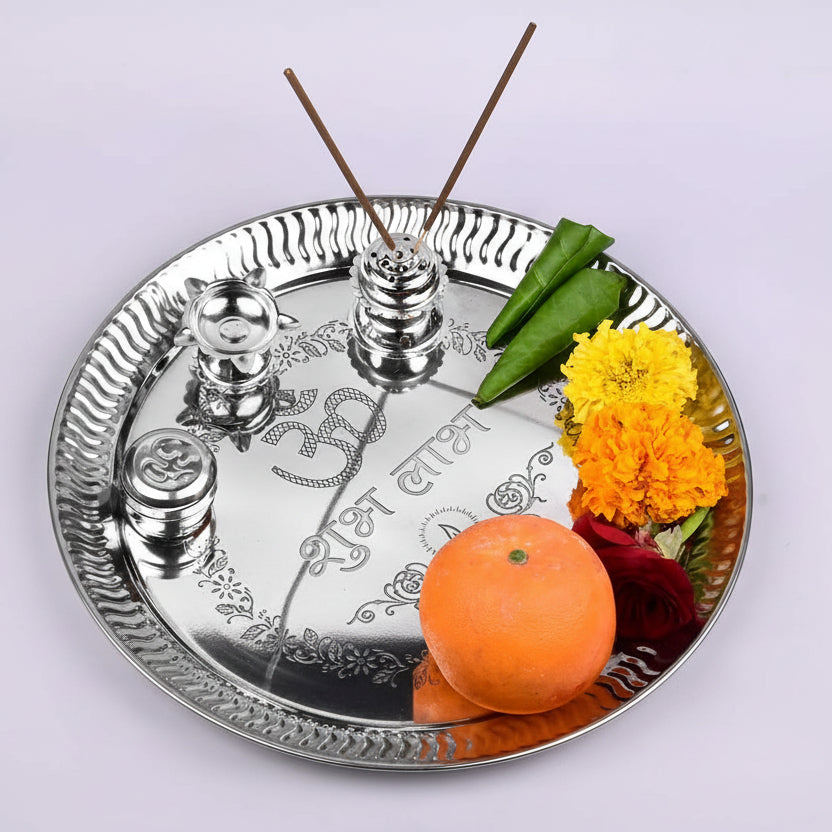 Steel Puja Thali with Agarbatti Stand Kankavati & Panch Batti Diya