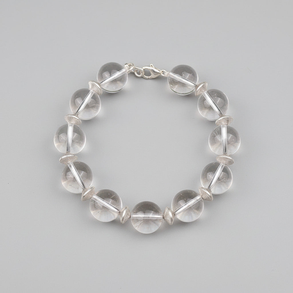 Round Sphatik Bracelet with Silver Balls & Hook-8 mm