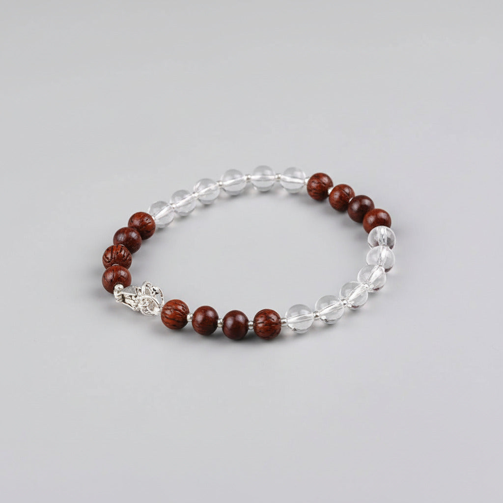 Round Sphatik & Red Sandalwood Bracelet with Silver Balls & Hook-7 mm