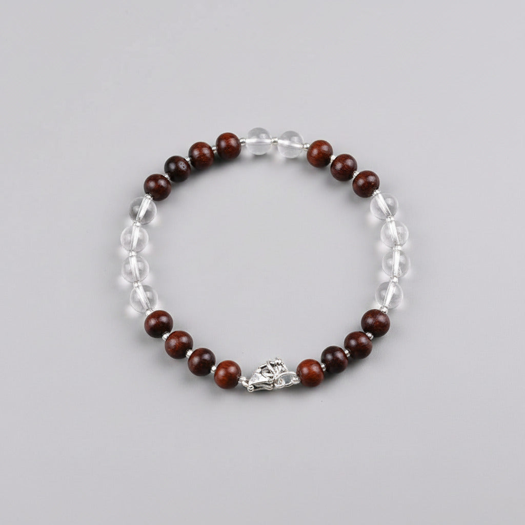 Round Sphatik & Red Sandalwood Bracelet with Silver Balls & Hook-8 mm