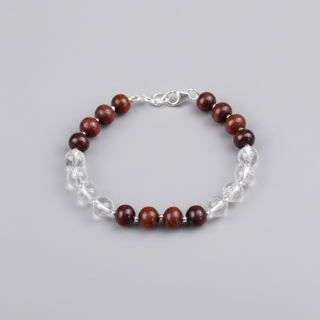 Round Sphatik & Red Sandalwood Bracelet with Silver Balls & Hook-7 mm
