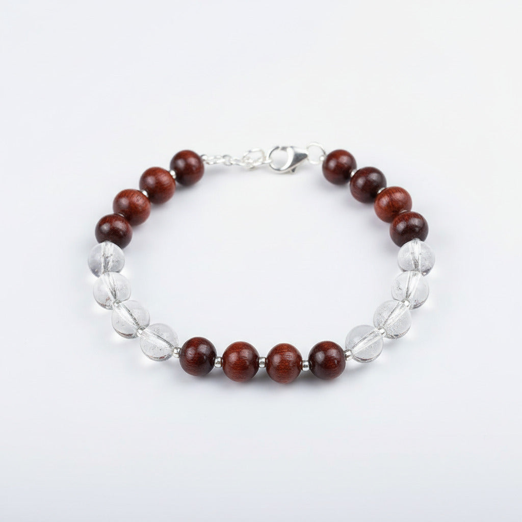 Round Sphatik & Red Sandalwood Bracelet with Silver Balls & Hook-10 mm