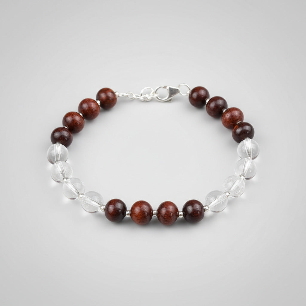 Round Sphatik & Red Sandalwood Bracelet with Silver Balls & Hook-8 mm