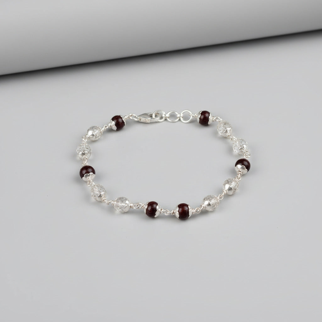 Round Faceted Sphatik & Red Sandalwood Bracelet with Silver Caps & Hook-6 mm