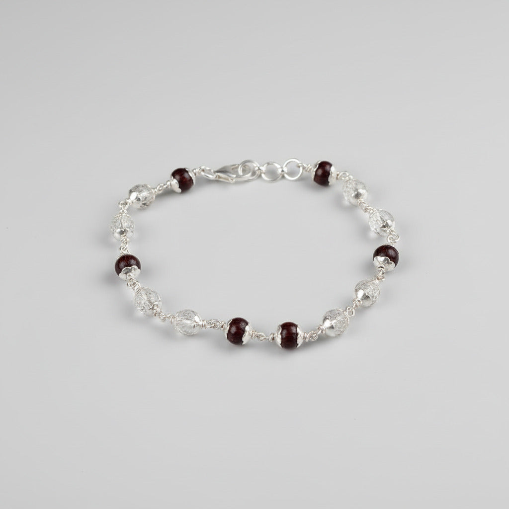 Round Faceted Sphatik & Red Sandalwood Bracelet with Silver Caps & Hook-4 mm