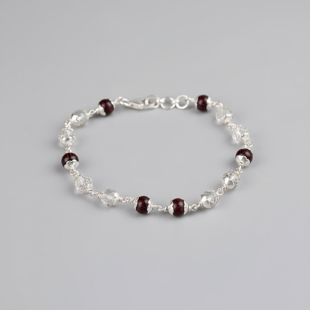 Round Faceted Sphatik & Red Sandalwood Bracelet with Silver Caps & Hook-10 mm