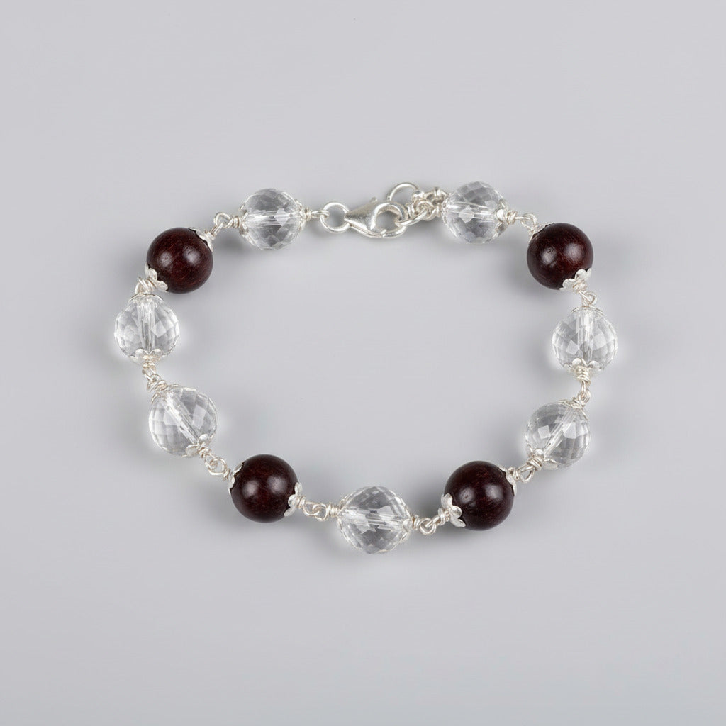 Round Faceted Sphatik & Red Sandalwood Bracelet with Silver Caps & Hook-14 mm
