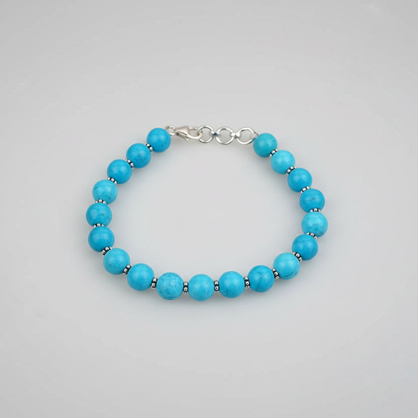 Turquoise (Firoza) Silver Chakri Bracelet-8 mm