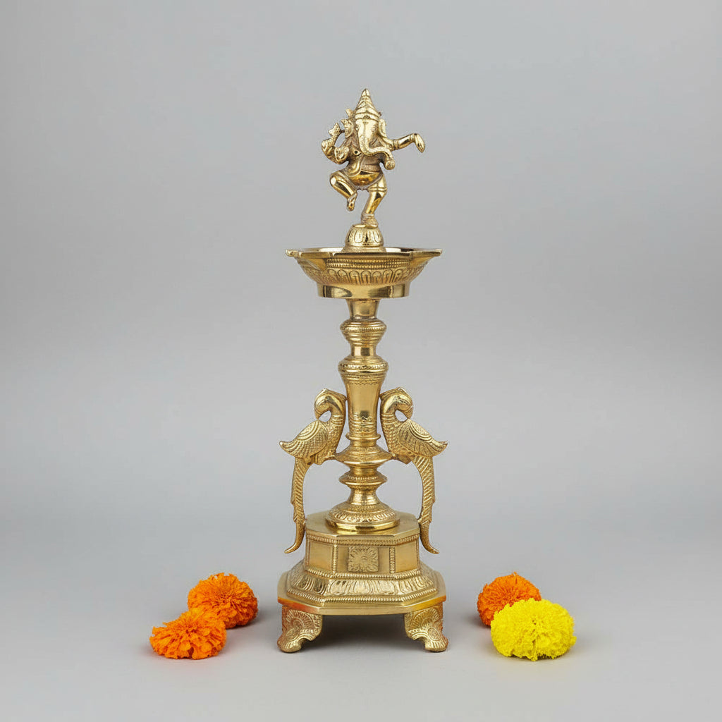 Dancing Ganesh Brass Twin Peacock Samai-One Piece